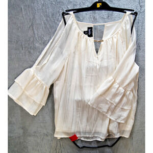 Jay Jay Cold Shoulder White Chiffon Blouse XL Sheer Glitter Trim Bell Sleeve